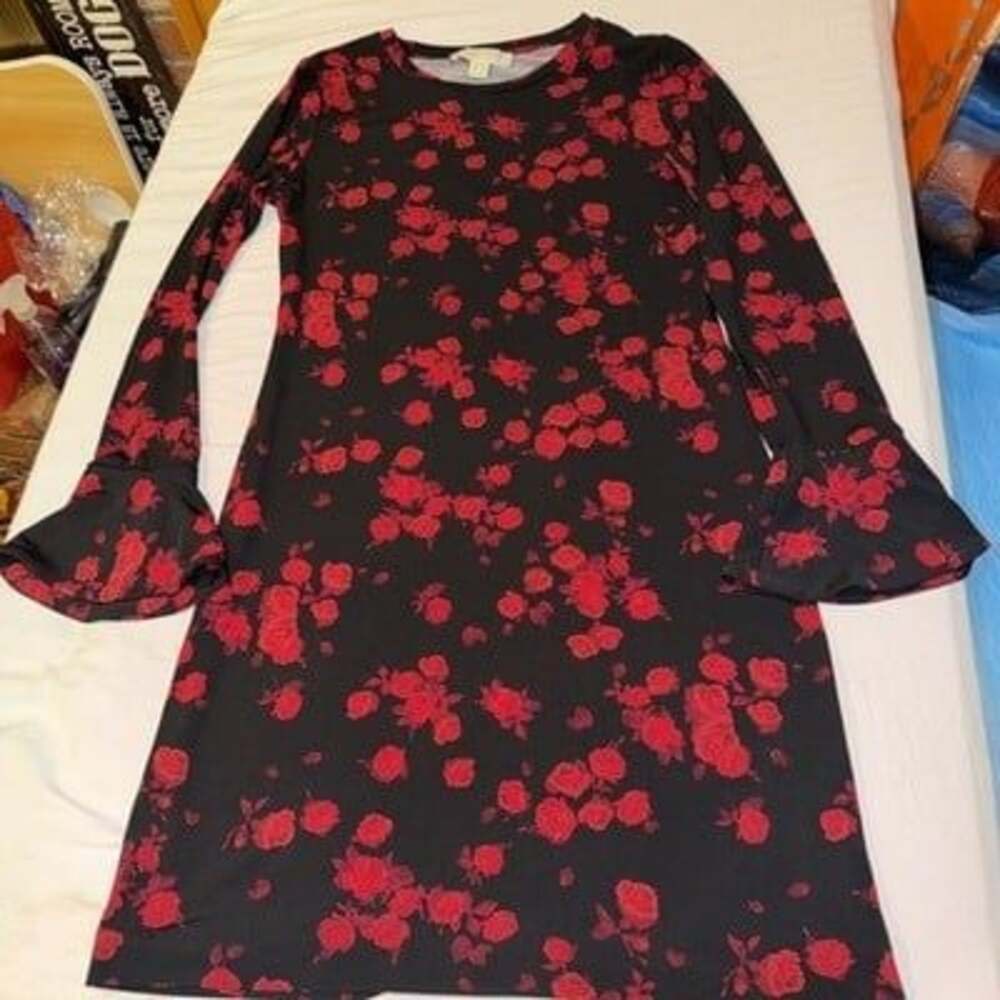 MK MICHAEL KORS Eden Rose Flounce Sleeve Shift Dress Black / Red med msrp $98